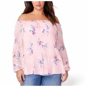 Lane Bryant Pink Floral Off Shoulder Pleated Peasant Blouse Shirt Plus Sz 18 20